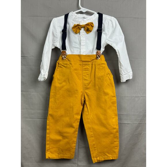 Toddler Boys Mustard Suspender Outfit - 3 Piece Shirt Suspenders Pants, Size 3T - Picture 1 of 5